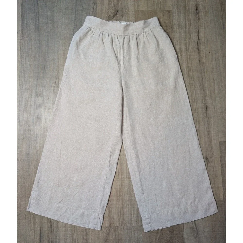 Lou & Grey LOFT Size S 100% Linen Wide Leg Pants Crop Cream Coastal Minimalist - Picture 2 of 10